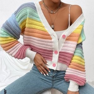 SHEIN v neck colorblock rainbow cardigan